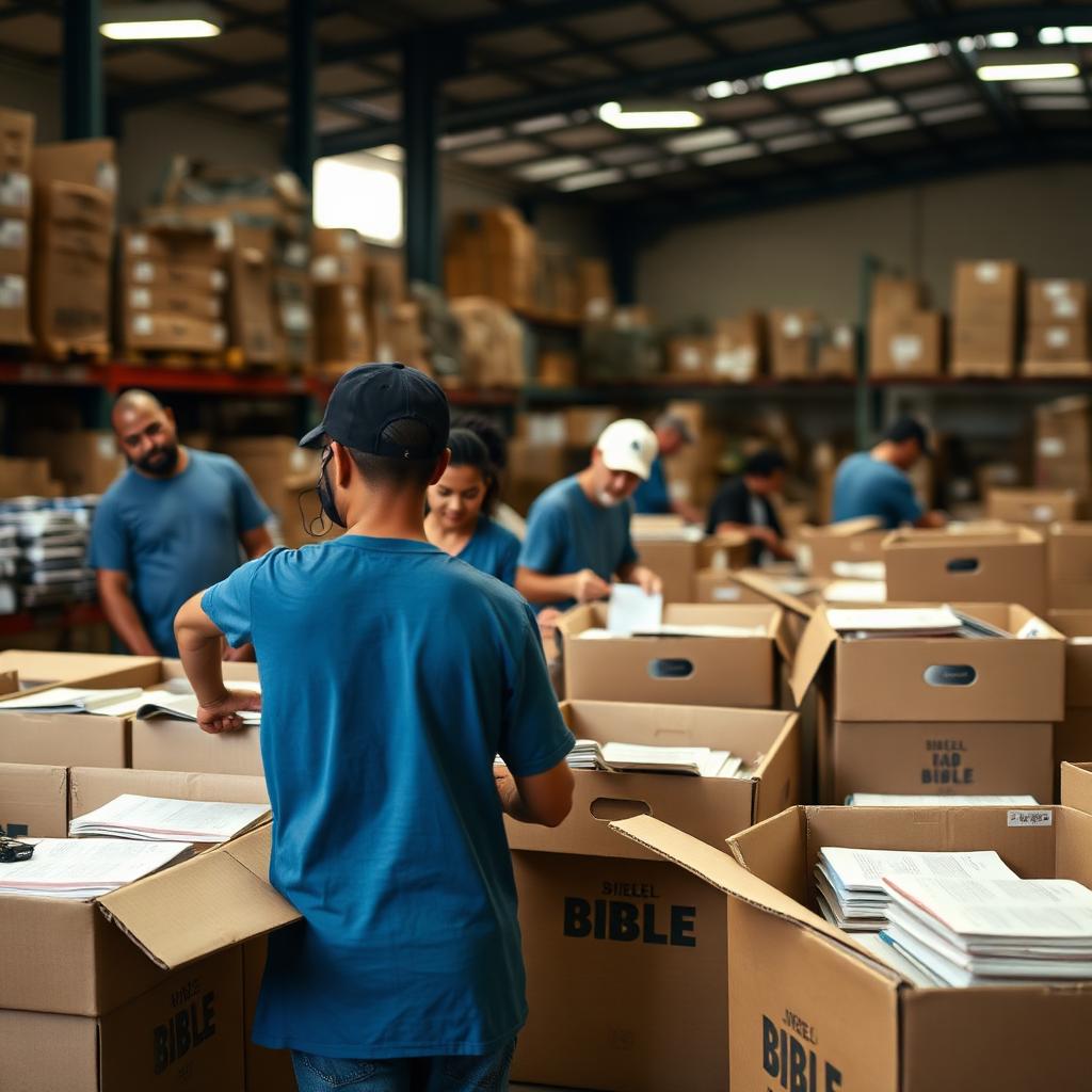 Volunteers packing Bibles for shipment
