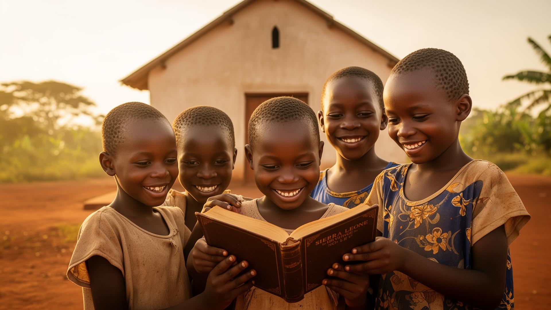 Children in Sierra Leone reading a shared Bible